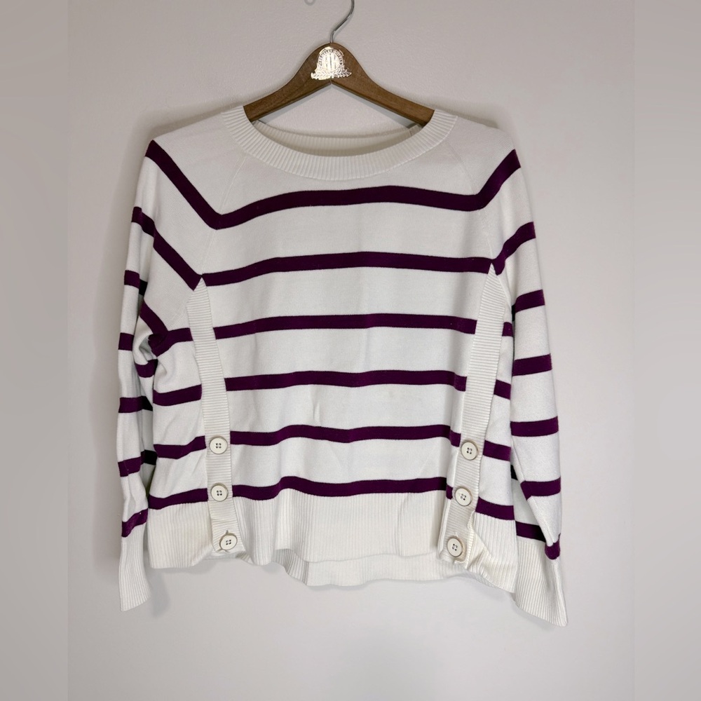 Talbots Striped White and Purple Button-Accent Sweater size XL